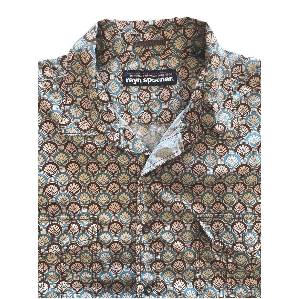 Reyn Spooner Hawaiian Shirt Mens XLarge XL Short‎ Sleeve Brown Blue Fan Pattern